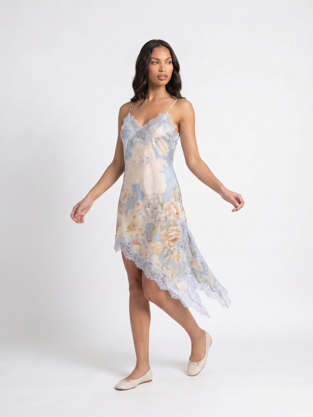Sleeveless Floral Slip Dress - Light Blue