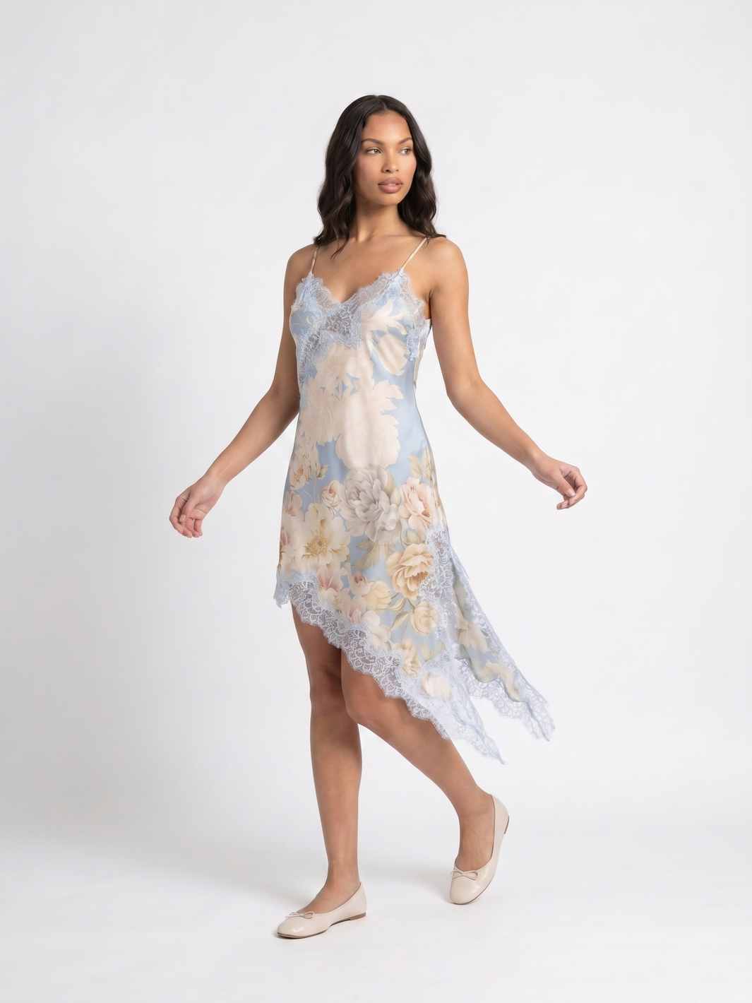 Sleeveless Floral Slip Dress - Light Blue
