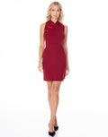 Ribbed Frog Closure Mock Neck Mini Dress - Red