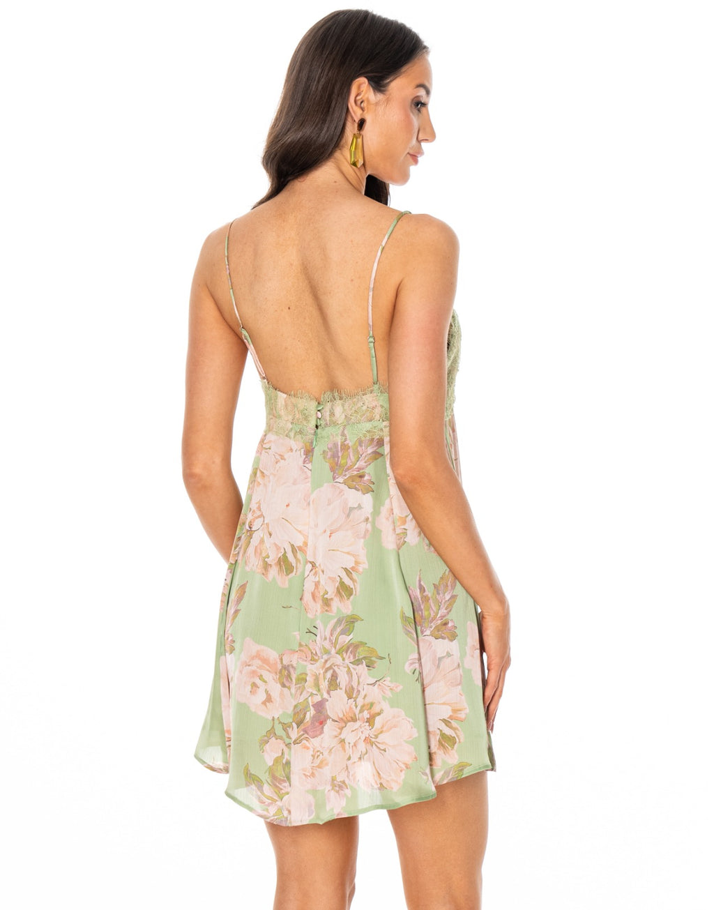 Floral Lace Trim Babydoll Dress - Green