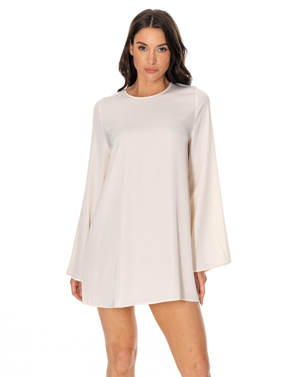 Satin Long Sleeve Flare Mini Dress - Beige