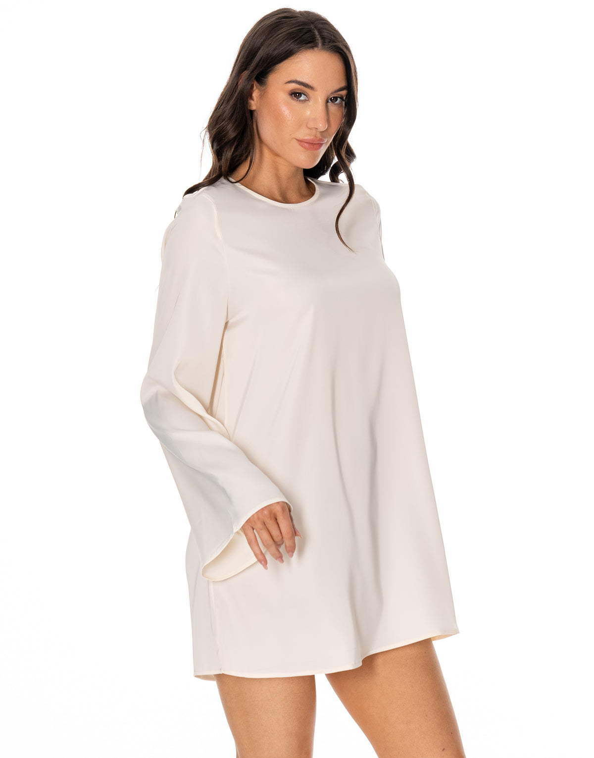 Satin Long Sleeve Flare Mini Dress - Beige