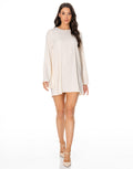 Satin Long Sleeve Flare Mini Dress - Beige