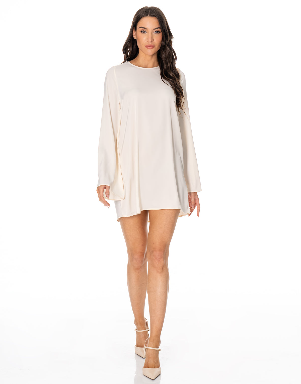 Satin Long Sleeve Flare Mini Dress - Beige