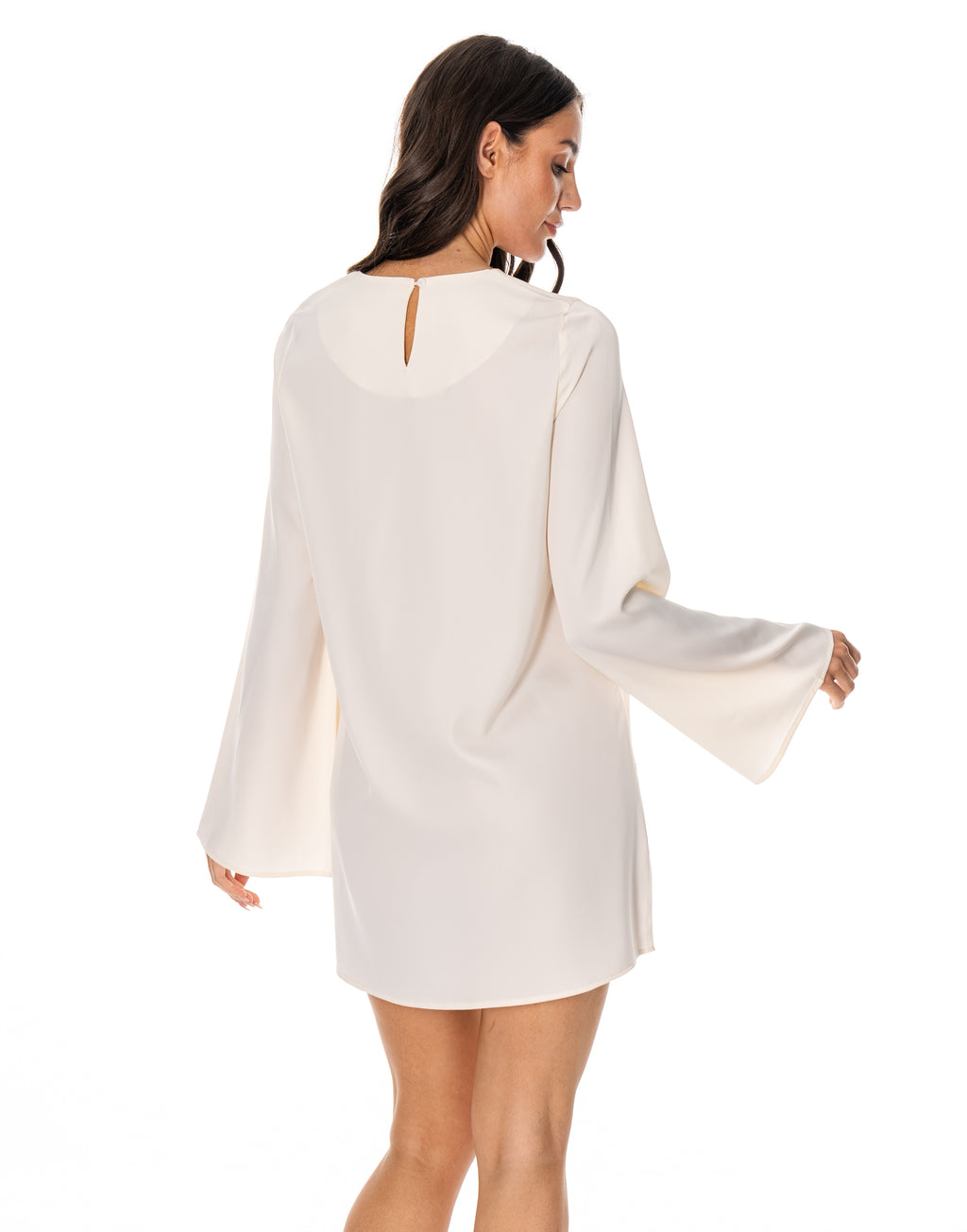 Satin Long Sleeve Flare Mini Dress - Beige