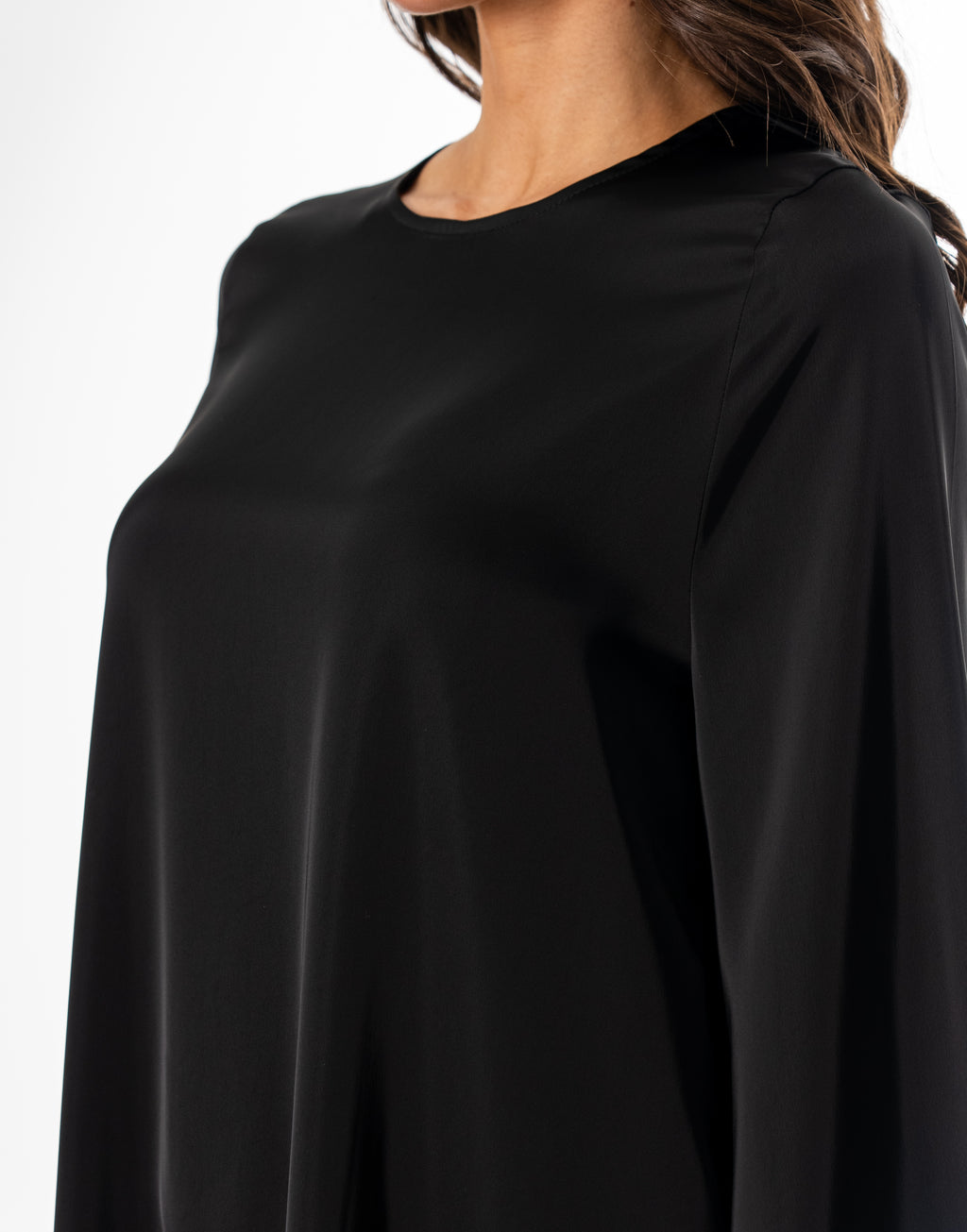 Satin Long Sleeve Flare Mini Dress - Black