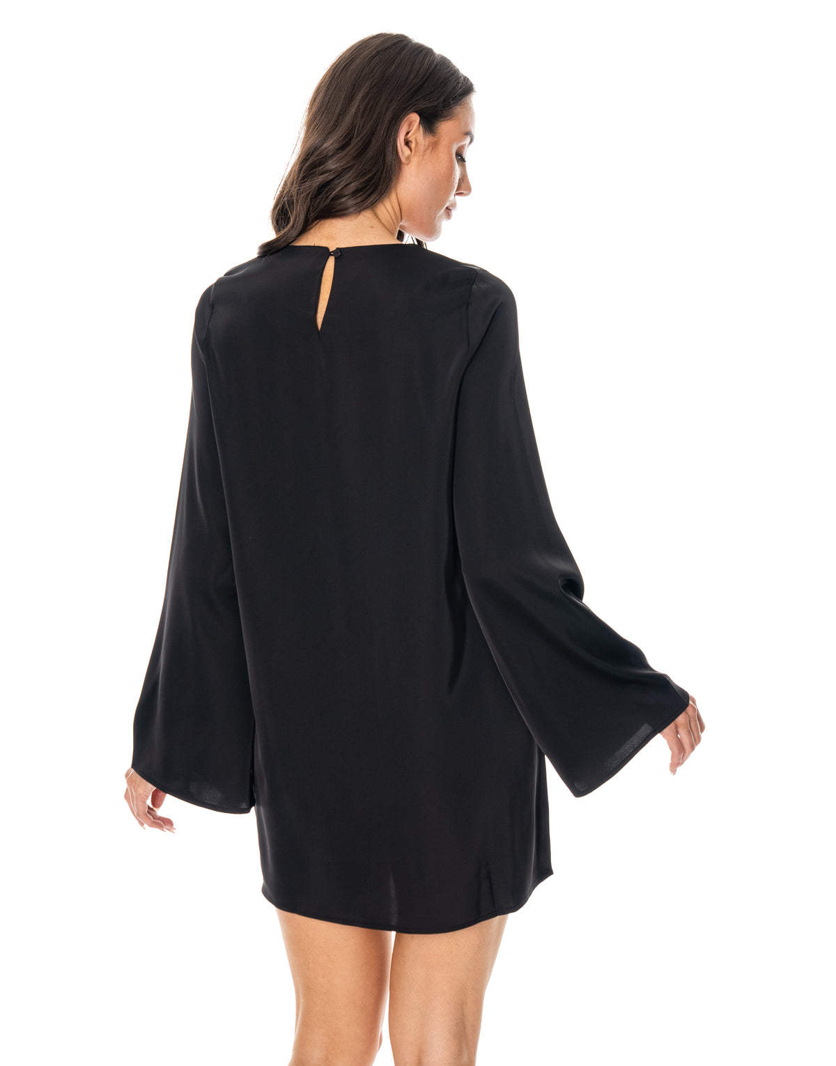 Satin Long Sleeve Flare Mini Dress - Black