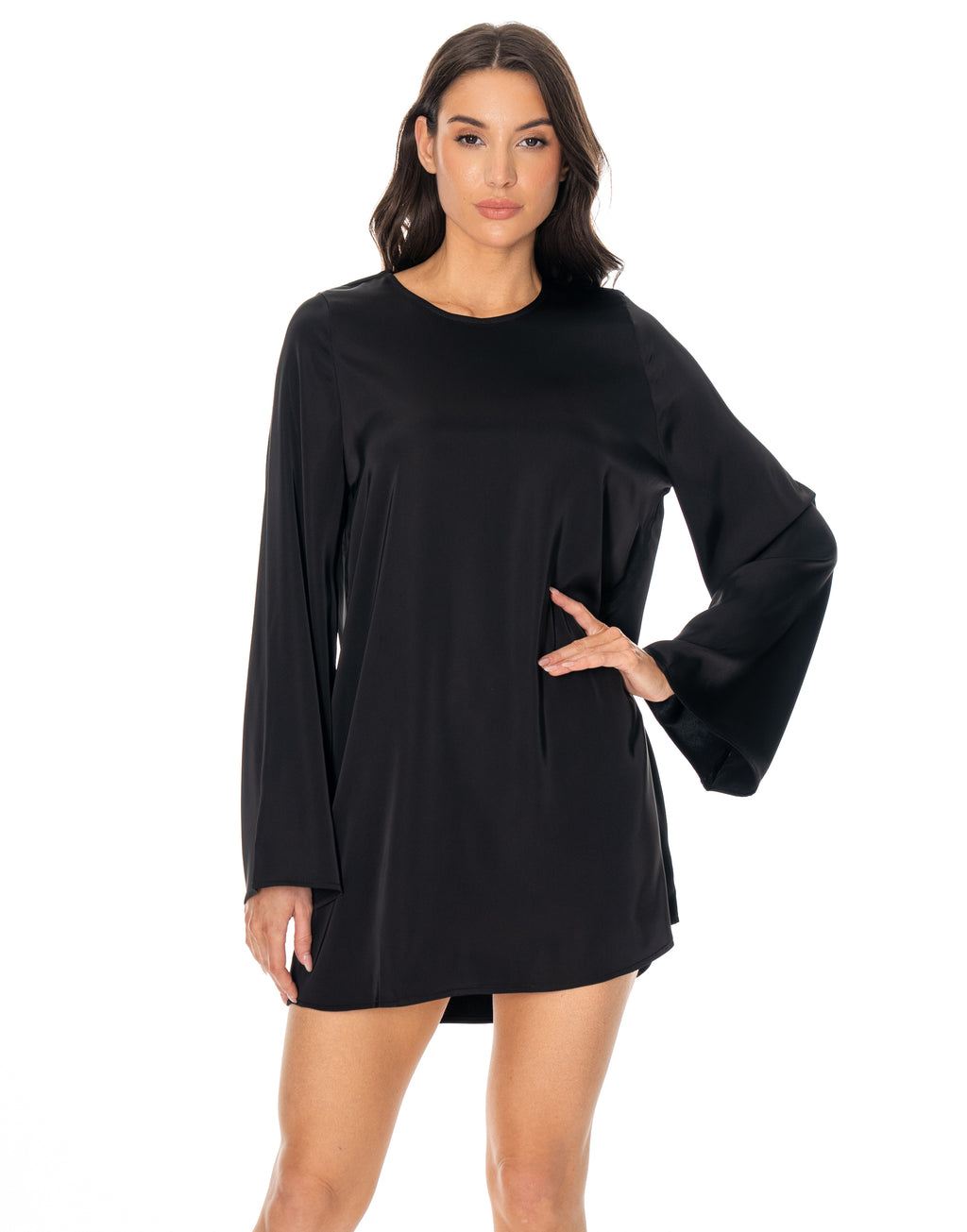 Satin Long Sleeve Flare Mini Dress - Black