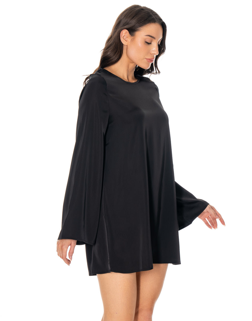 Satin Long Sleeve Flare Mini Dress - Black