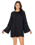 Satin Long Sleeve Flare Mini Dress - Black