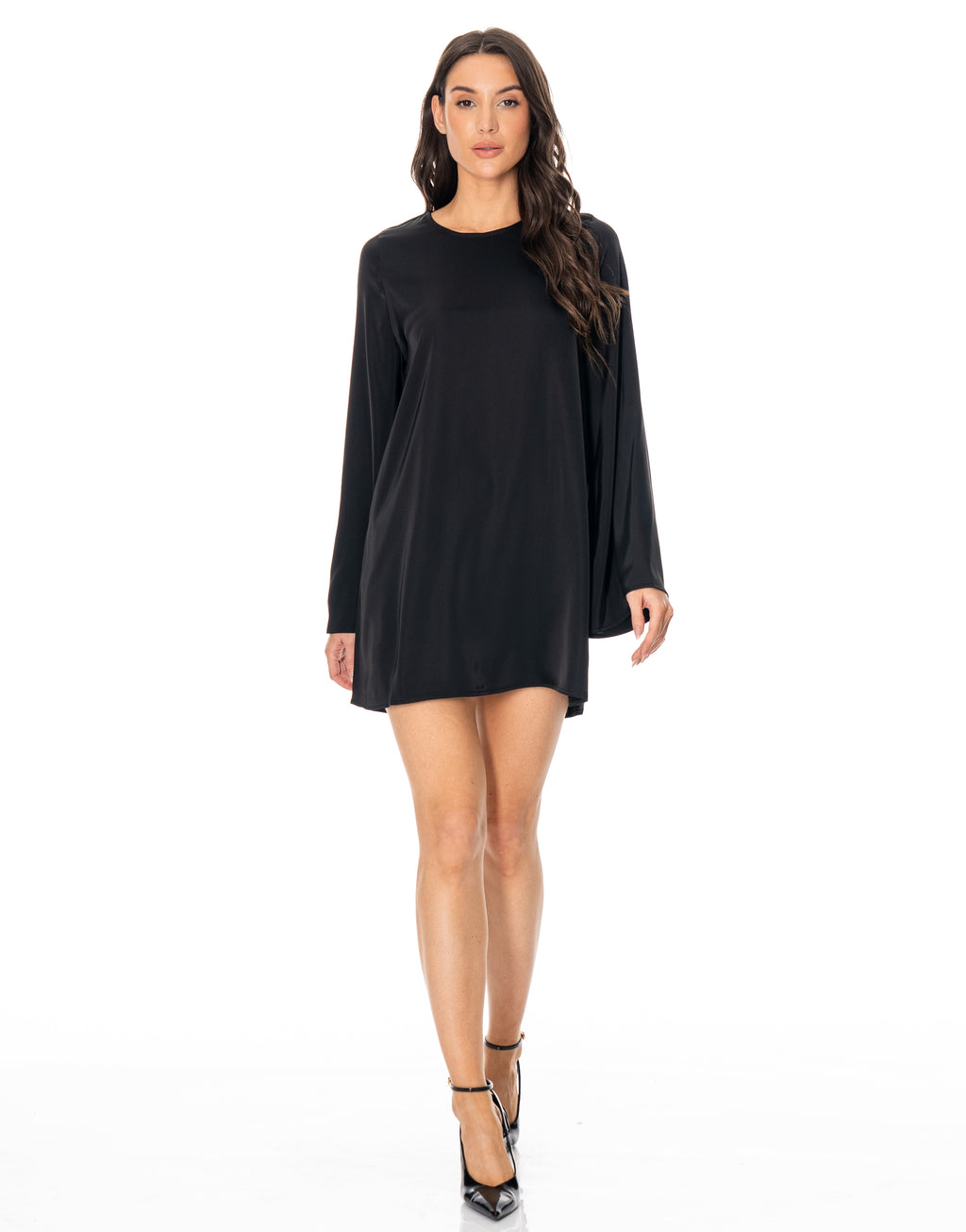 Satin Long Sleeve Flare Mini Dress - Black