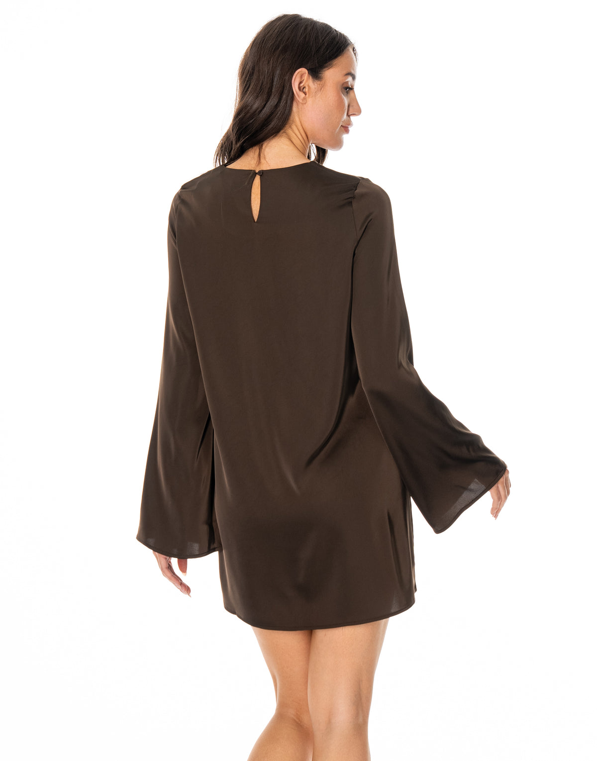 Satin Long Sleeve Flare Mini Dress - Coffee