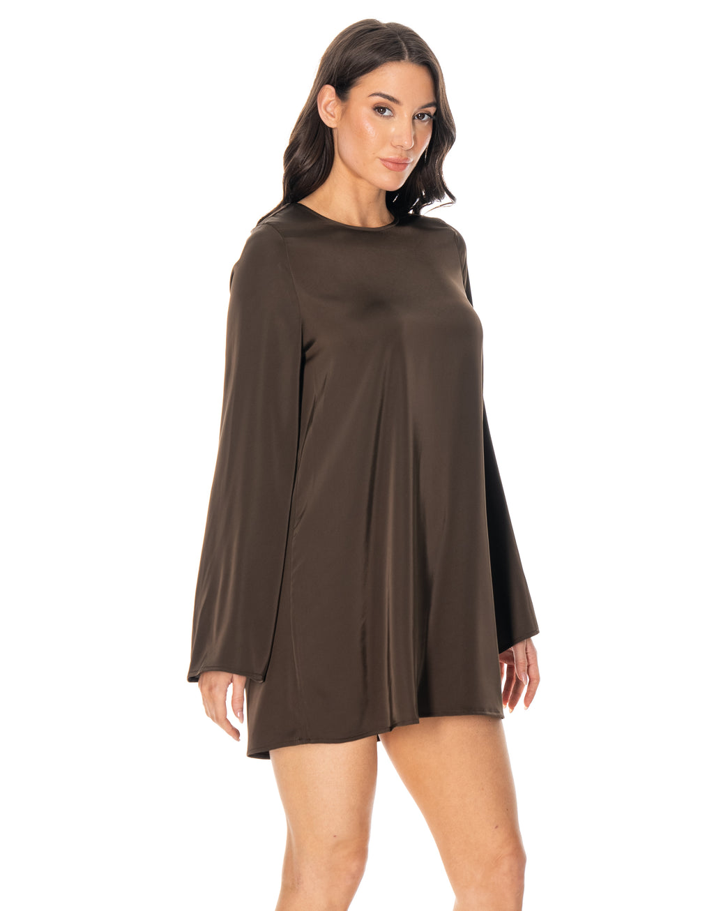 Satin Long Sleeve Flare Mini Dress - Coffee