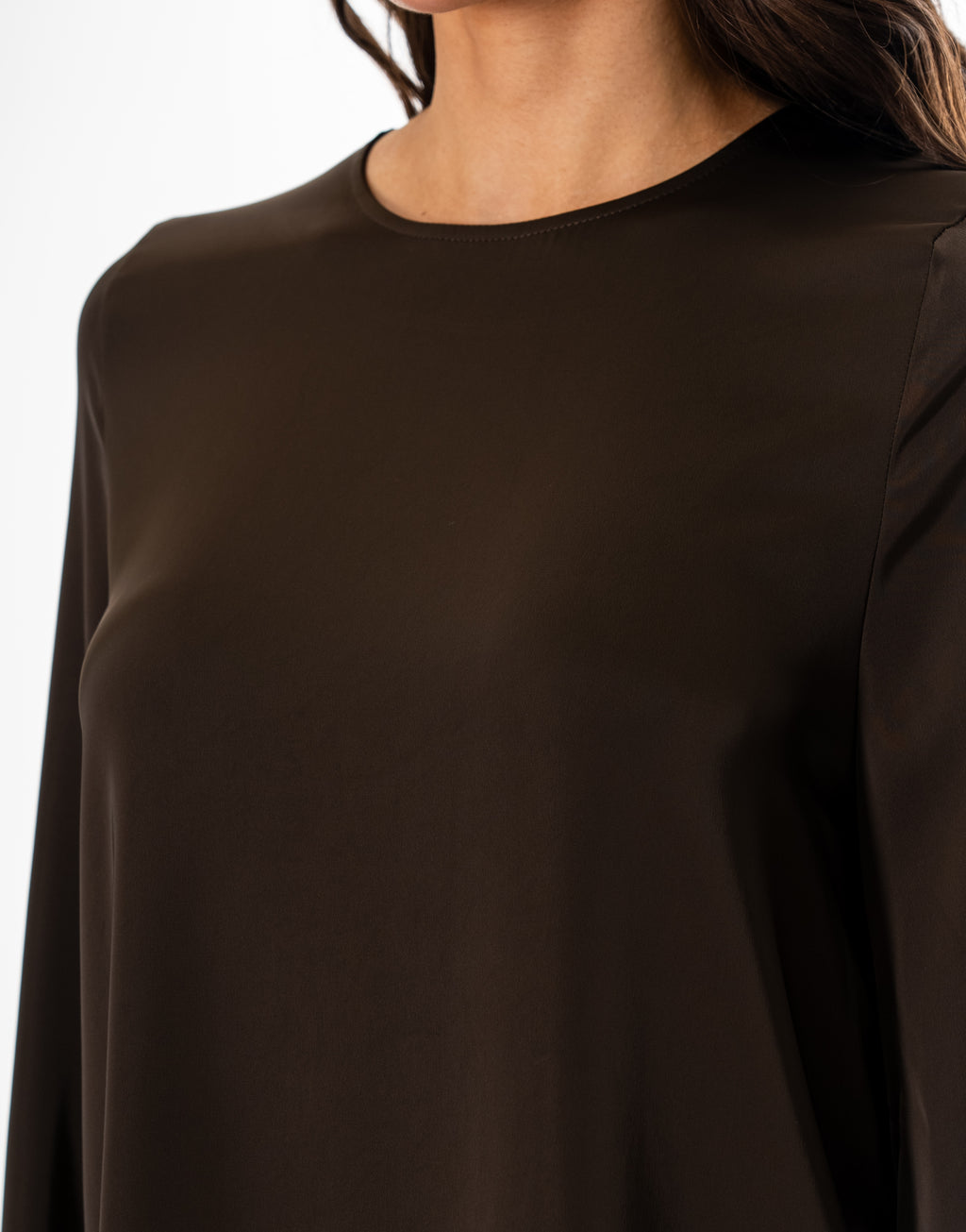 Satin Long Sleeve Flare Mini Dress - Coffee