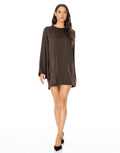 Satin Long Sleeve Flare Mini Dress - Coffee