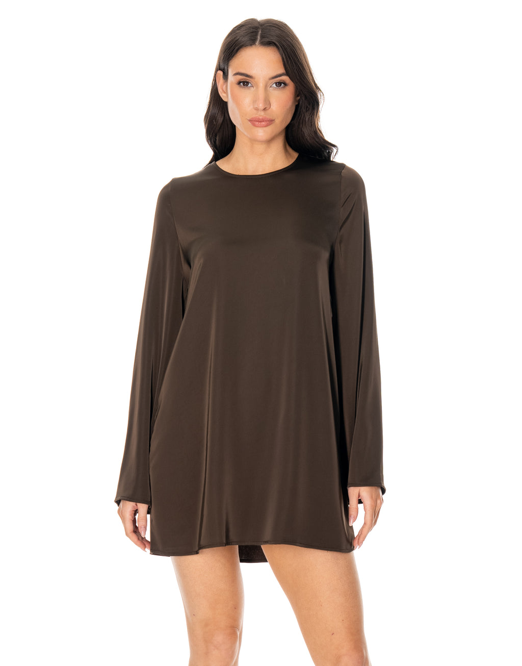Satin Long Sleeve Flare Mini Dress - Coffee