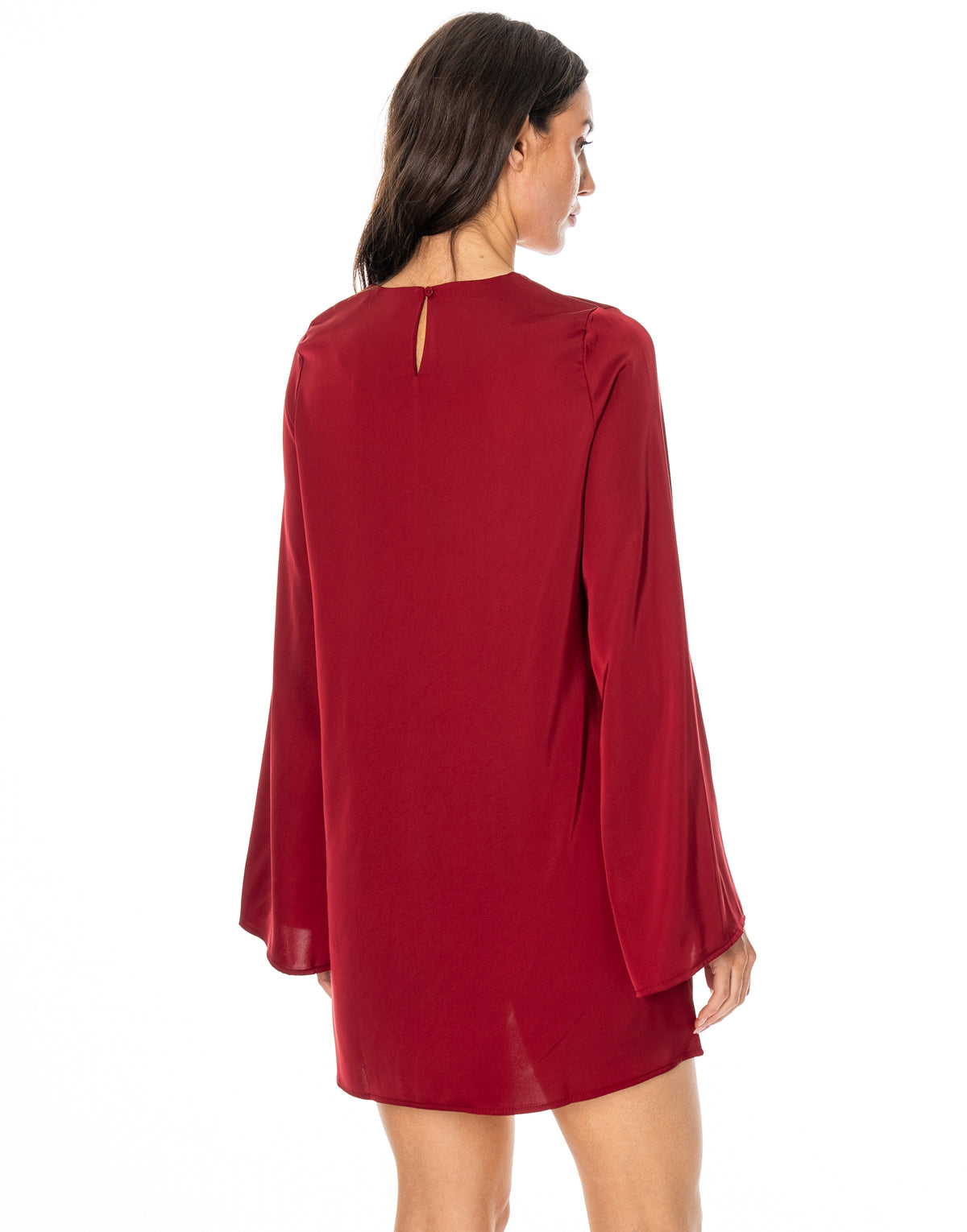 Satin Long Sleeve Flare Mini Dress - Red