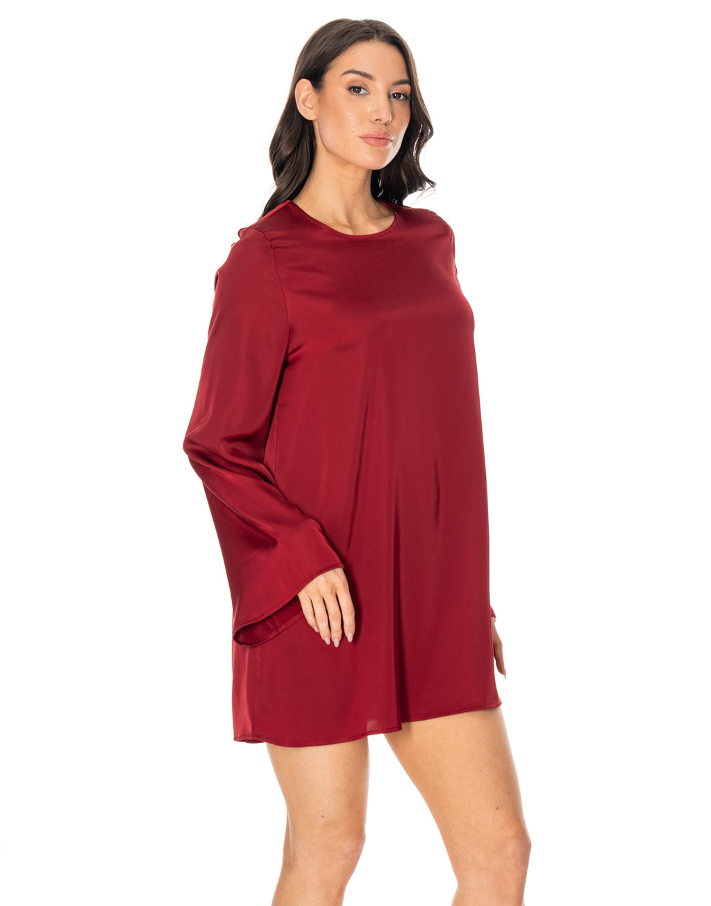 Satin Long Sleeve Flare Mini Dress - Red