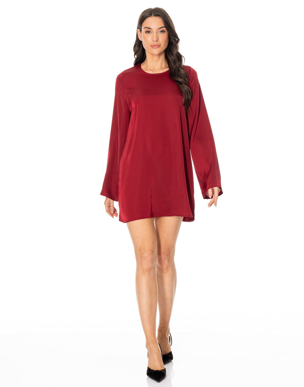 Satin Long Sleeve Flare Mini Dress - Red