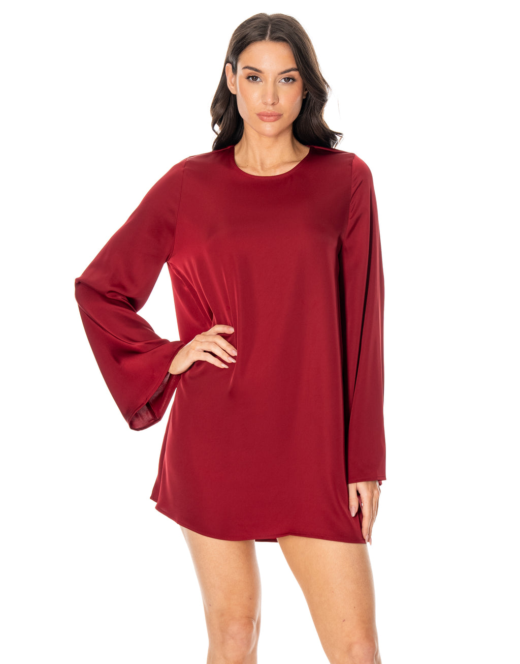 Satin Long Sleeve Flare Mini Dress - Red