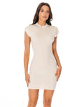 Ribbed Knit Cap Sleeve Mock Neck Bodycon Mini Dress - Beige