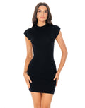 Ribbed Knit Cap Sleeve Mock Neck Bodycon Mini Dress - Black
