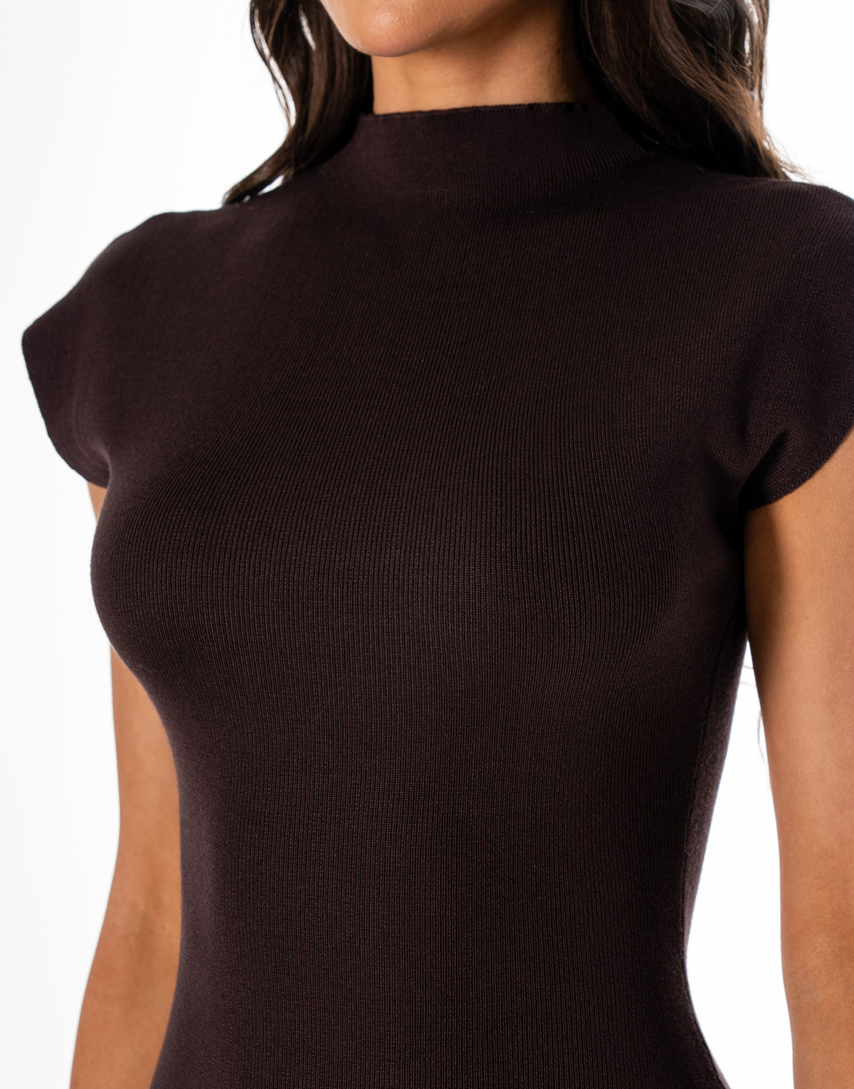Ribbed Knit Cap Sleeve Mock Neck Bodycon Mini Dress - Brown