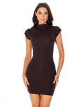 Ribbed Knit Cap Sleeve Mock Neck Bodycon Mini Dress - Brown