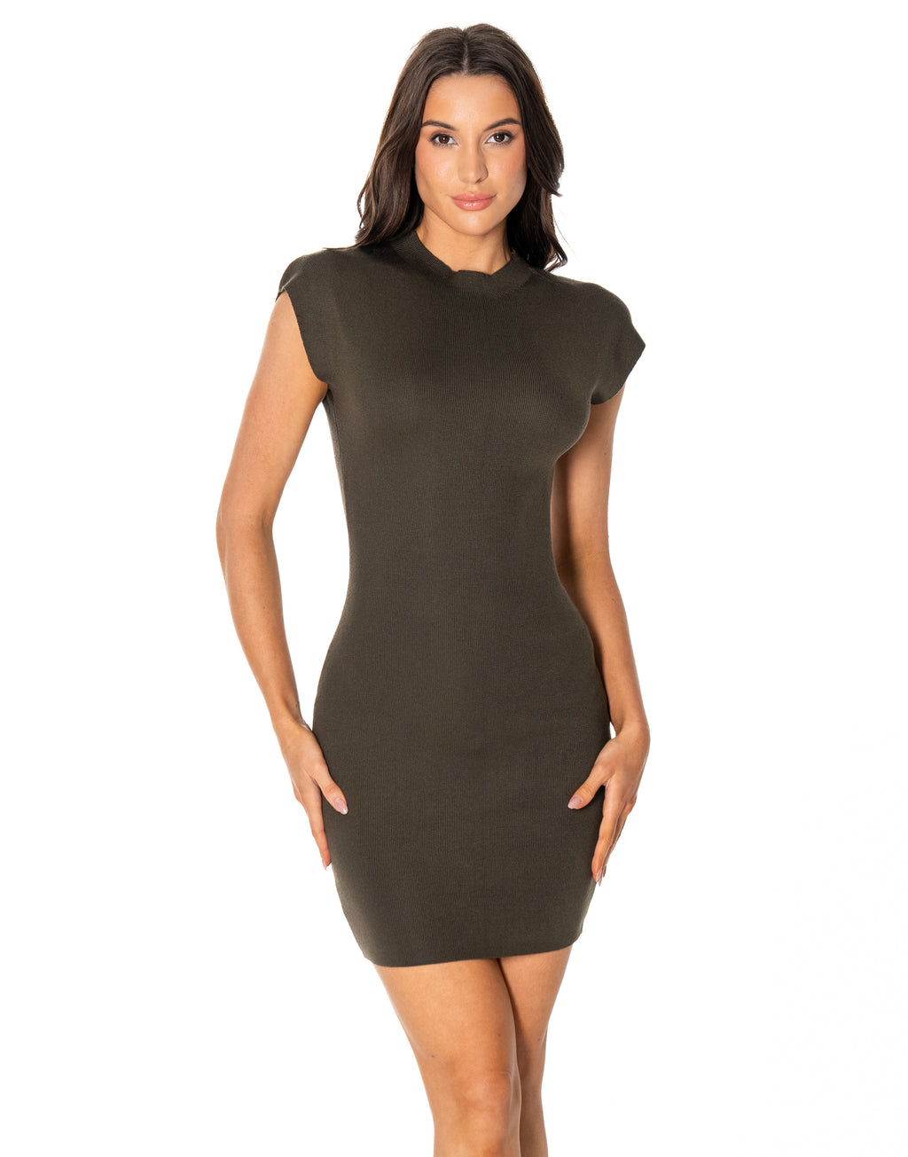 Ribbed Knit Cap Sleeve Mock Neck Bodycon Mini Dress - Olive