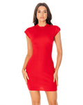 Ribbed Knit Cap Sleeve Mock Neck Bodycon Mini Dress - Red
