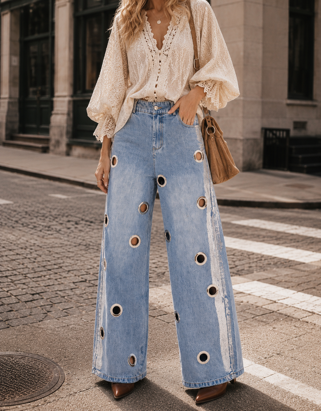 Wide-Leg Grommet Detail Jeans - Denim