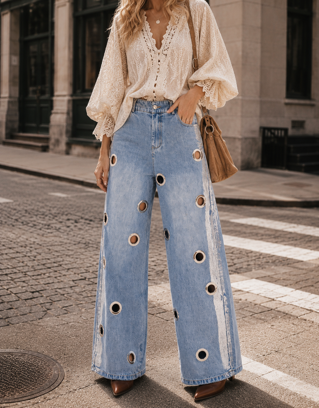Wide-Leg Grommet Detail Jeans - Denim