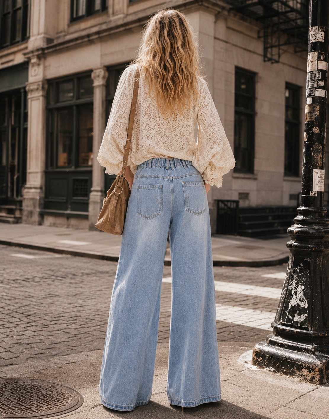 Wide-Leg Grommet Detail Jeans - Denim