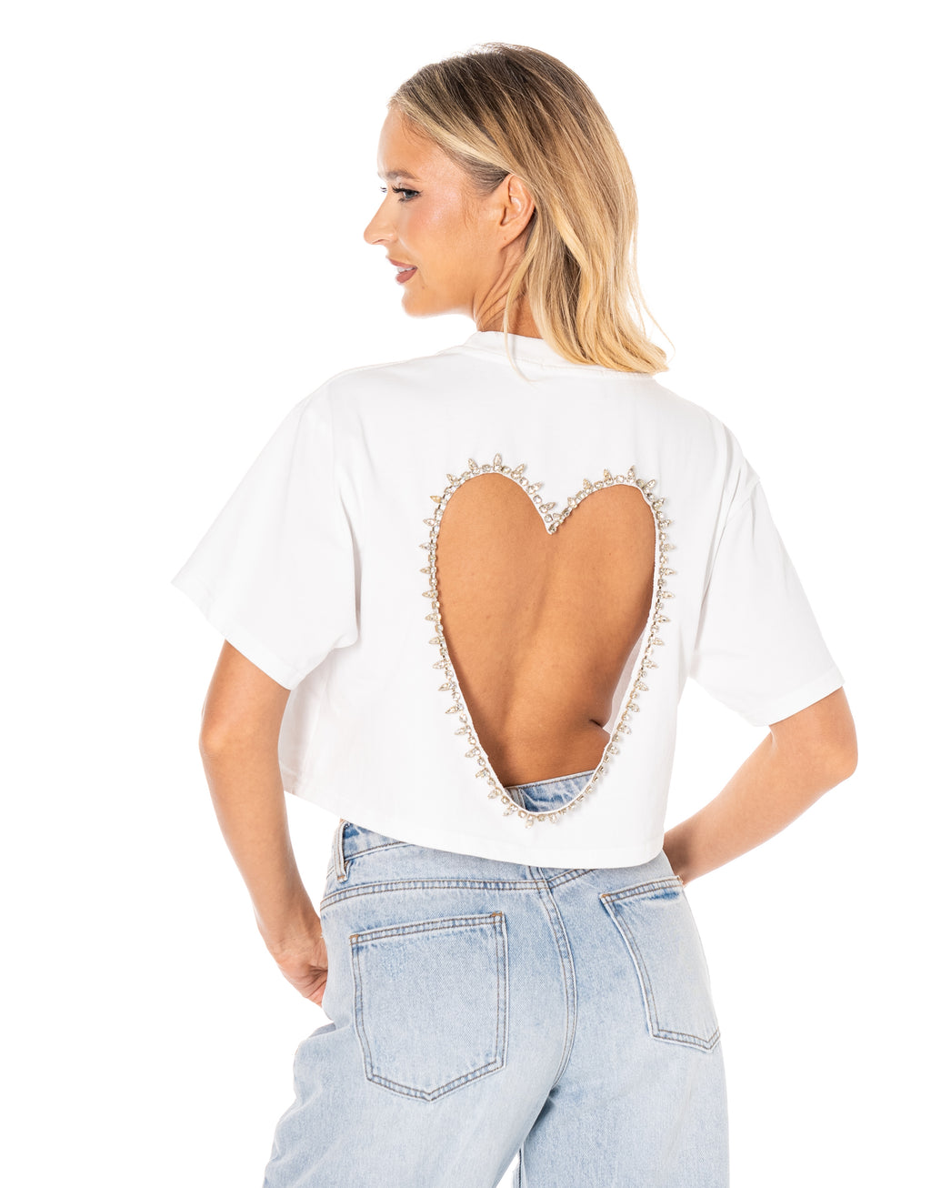 Heart-Cutout Crop Tee - White