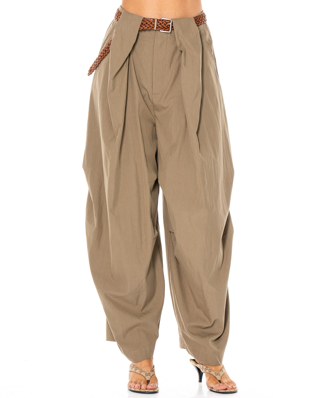 Linen Belted Balloon Pant - Green