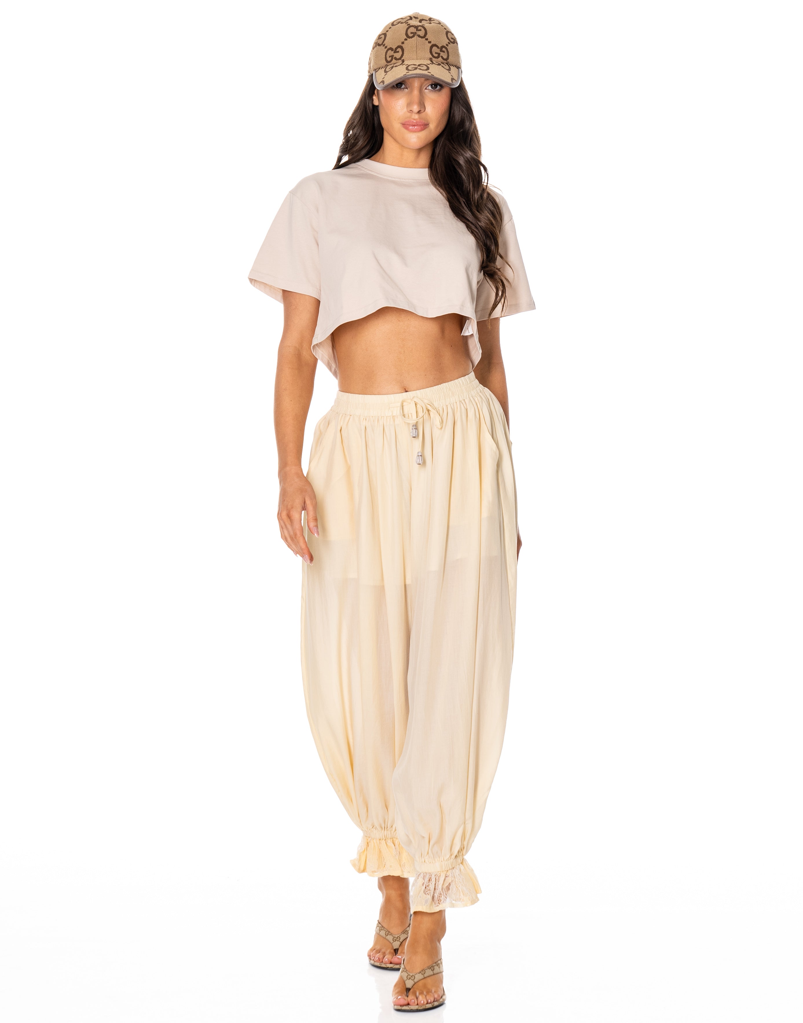 Lace-Panel Wide-Leg Pant - Yellow