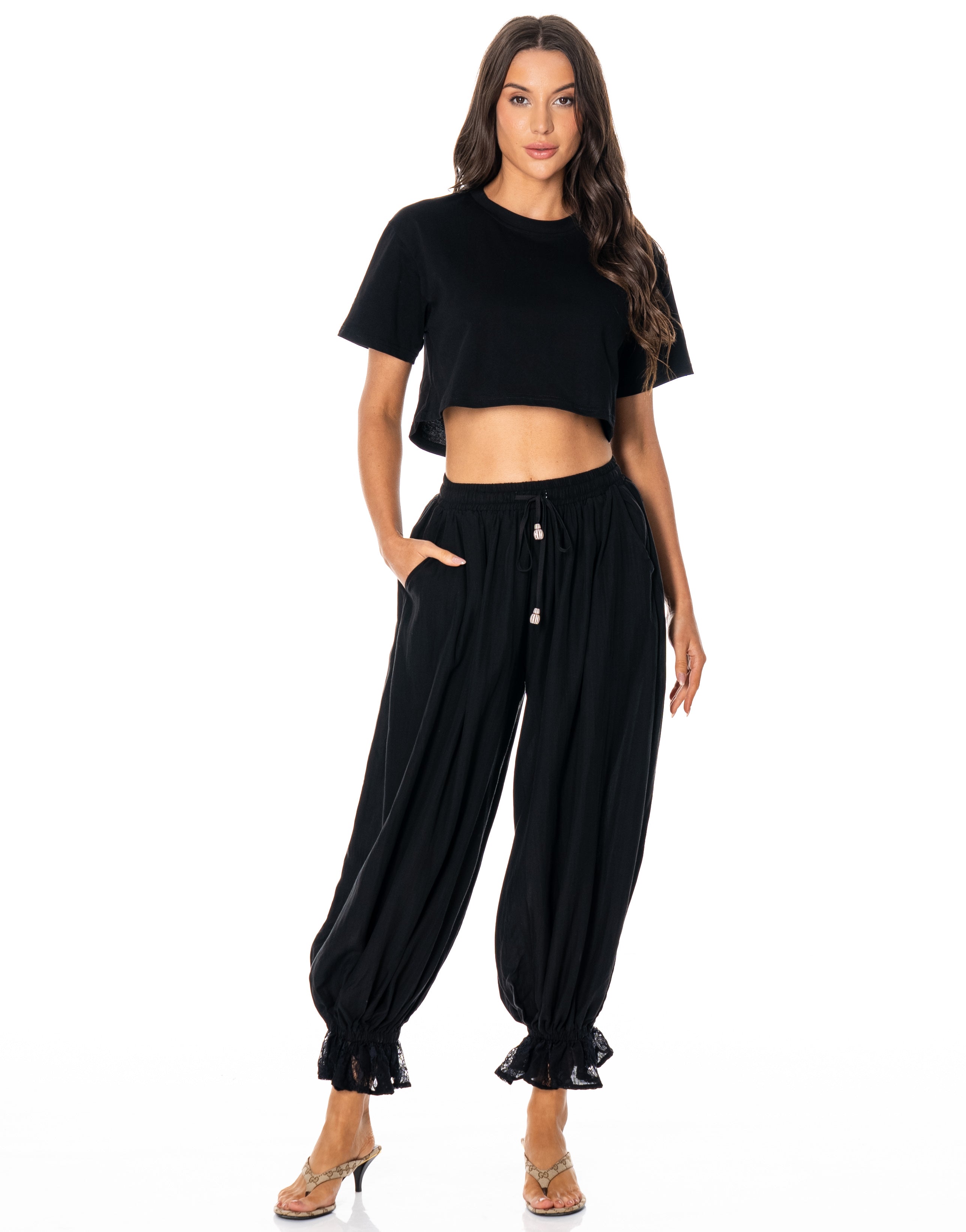 Lace-Panel Wide-Leg Pant - Black