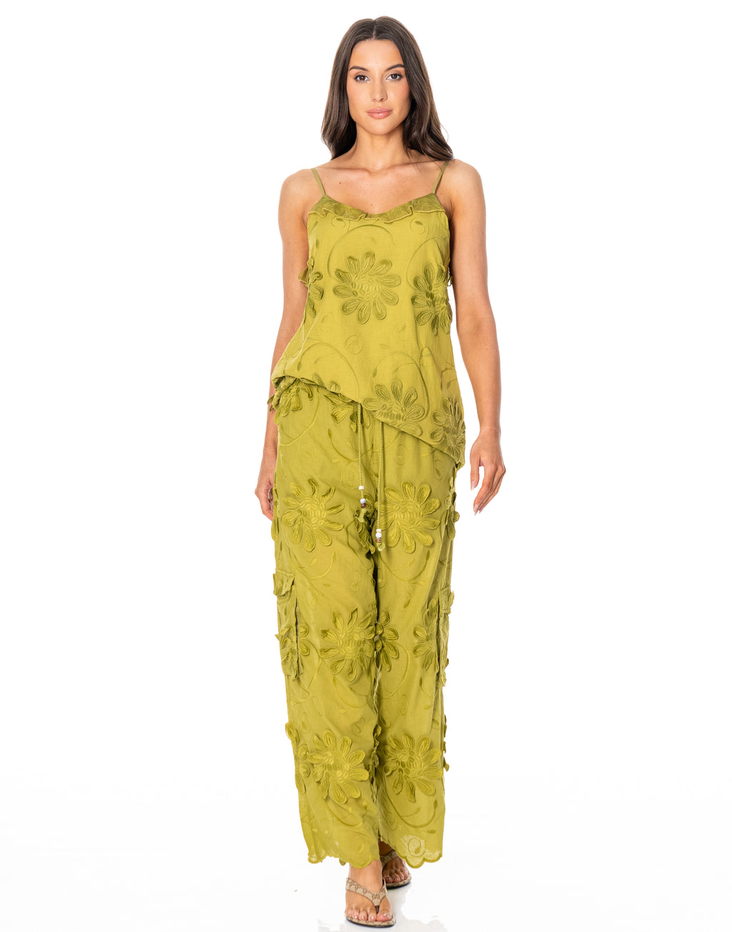Wide Leg Pant with Embroidery Patchwork - Green