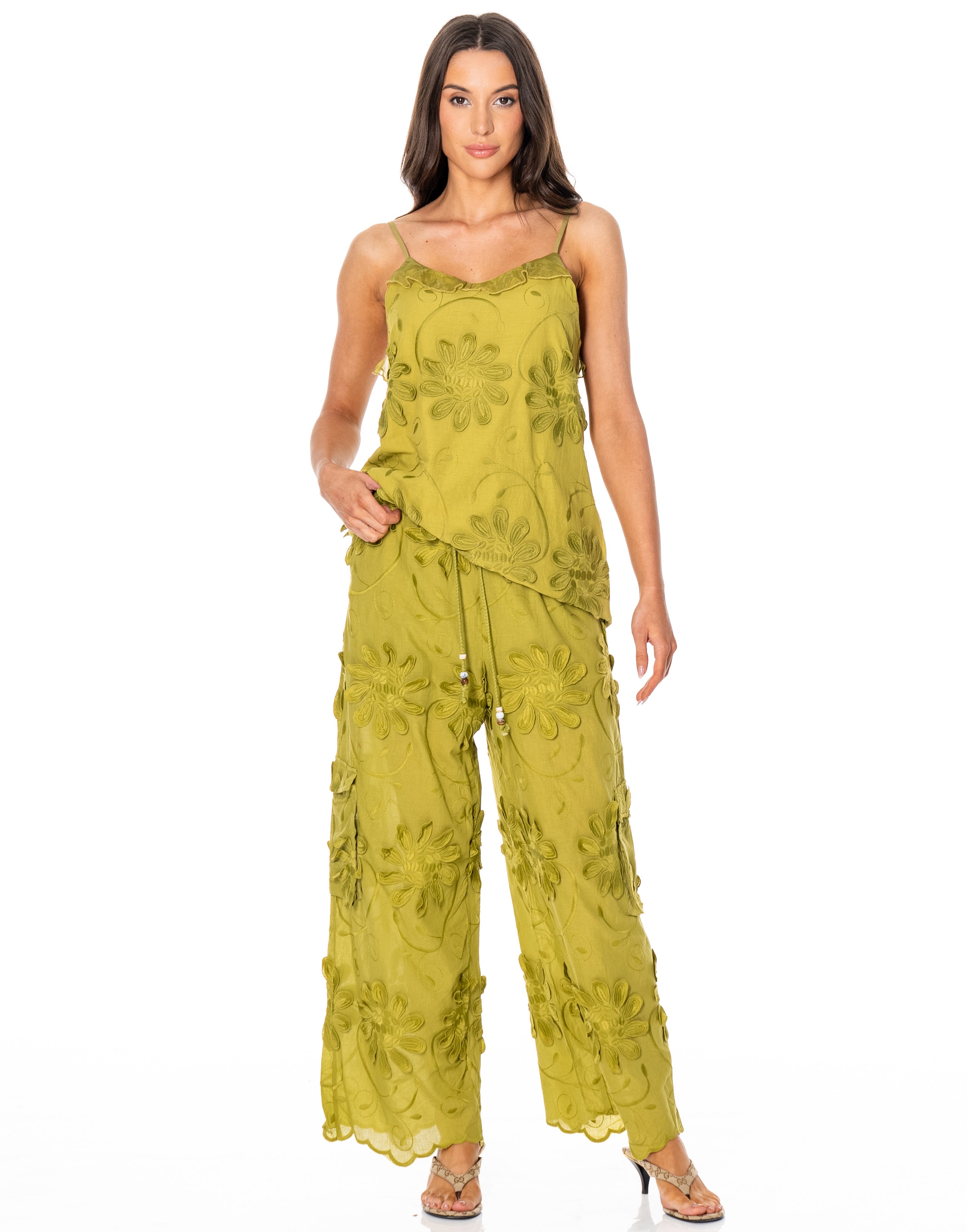 Asymmetric Top With Embroidery Patchwork - Green