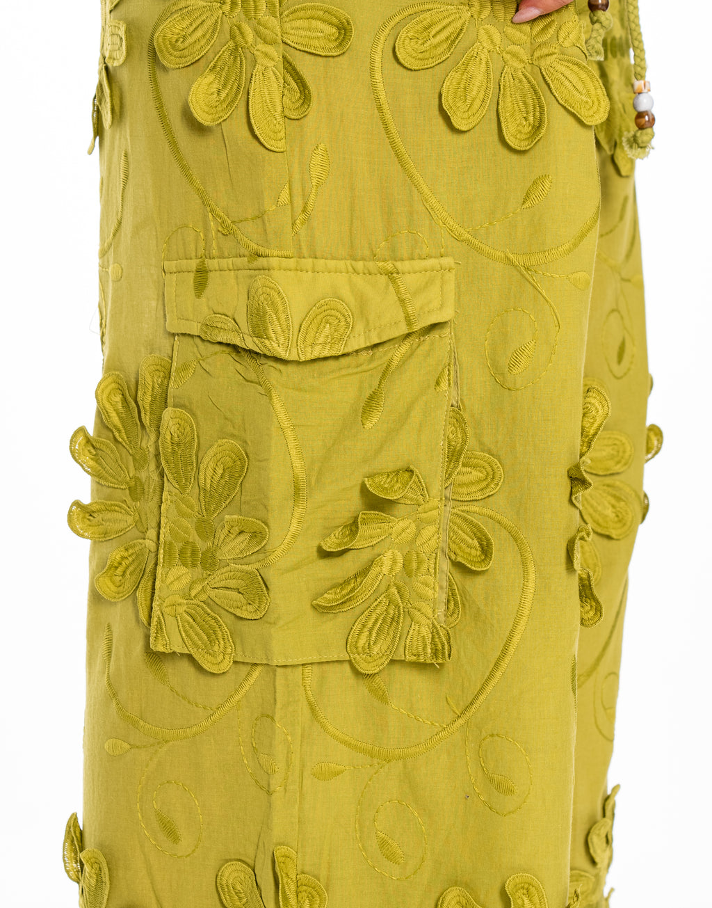 Wide Leg Pant with Embroidery Patchwork - Green