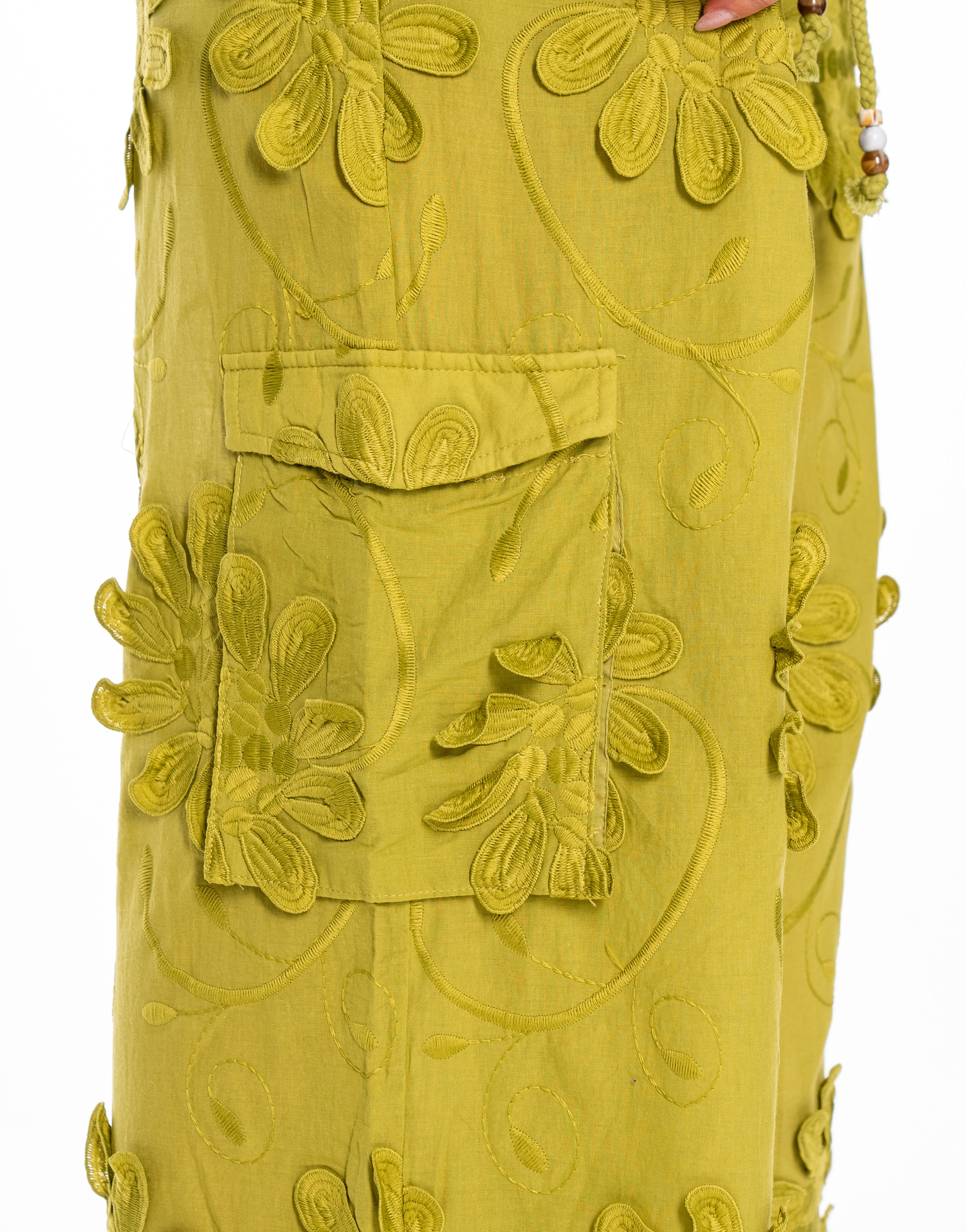 Wide Leg Pant with Embroidery Patchwork - Green