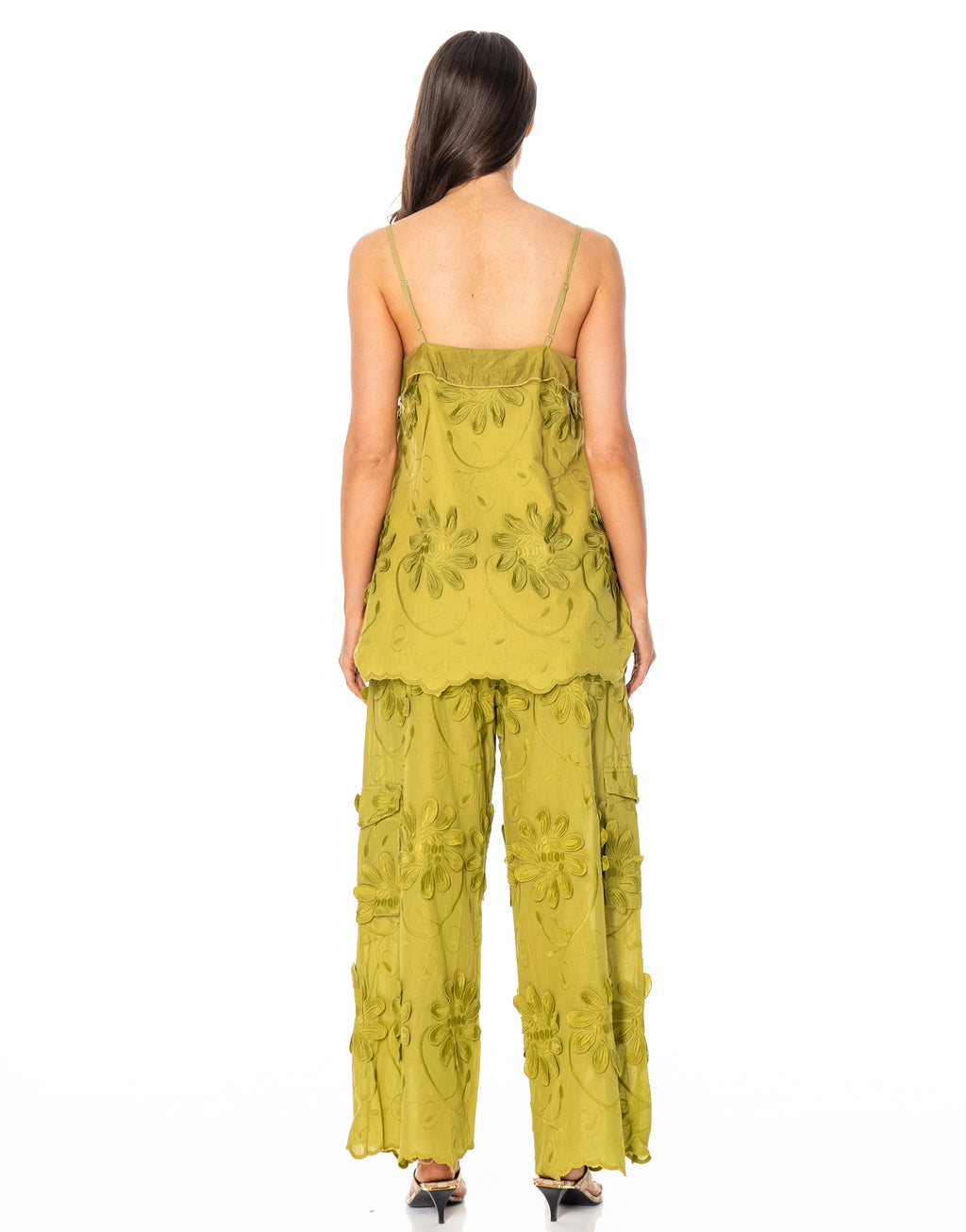 Wide Leg Pant with Embroidery Patchwork - Green