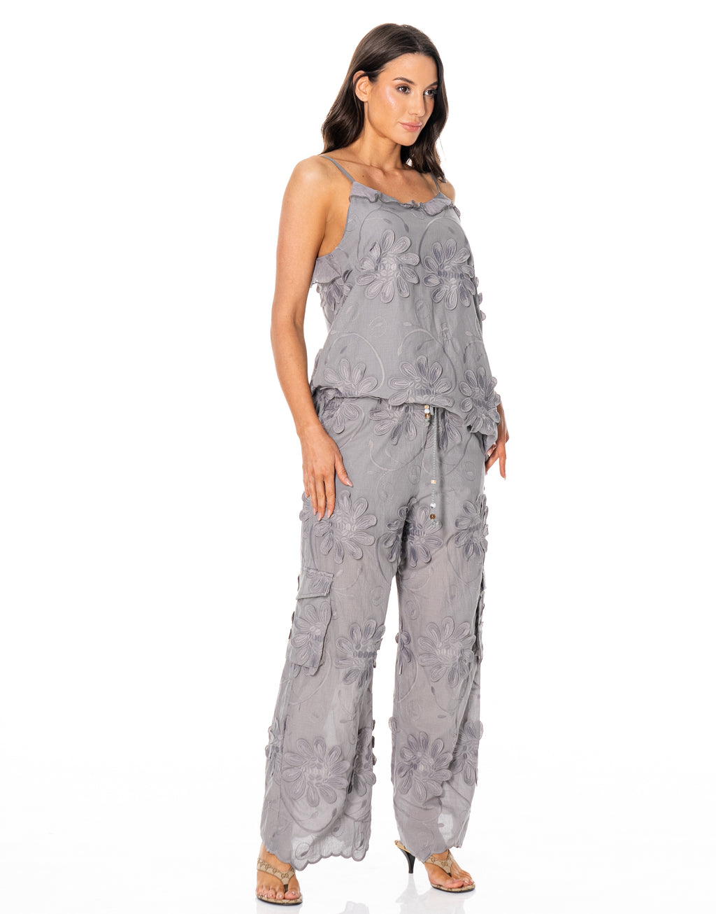 Asymmetric Top With Embroidery Patchwork - Grey