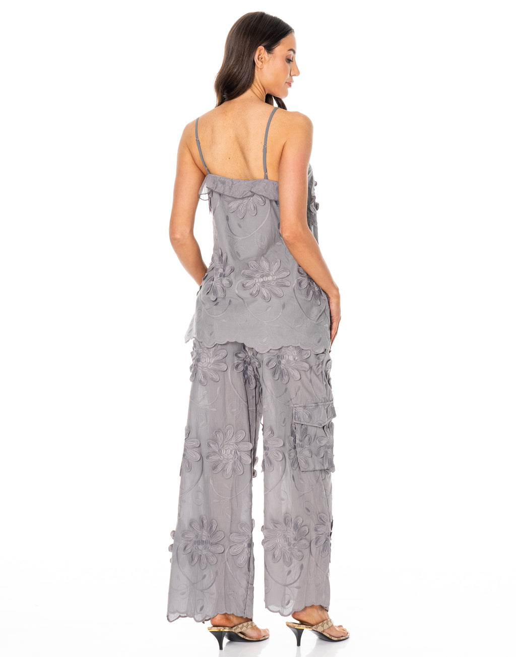 Wide Leg Pant with Embroidery Patchwork - Grey