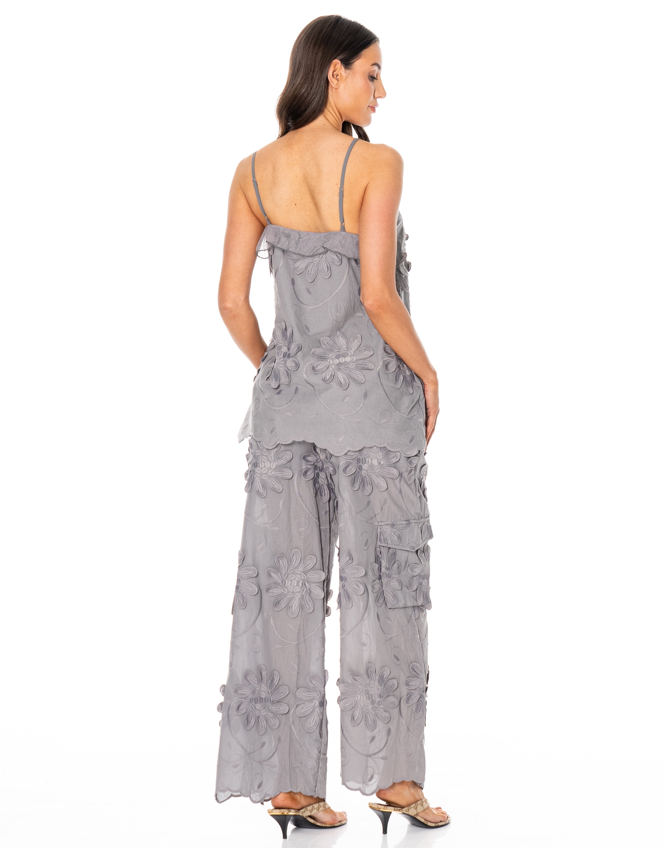 Wide Leg Pant with Embroidery Patchwork - Grey