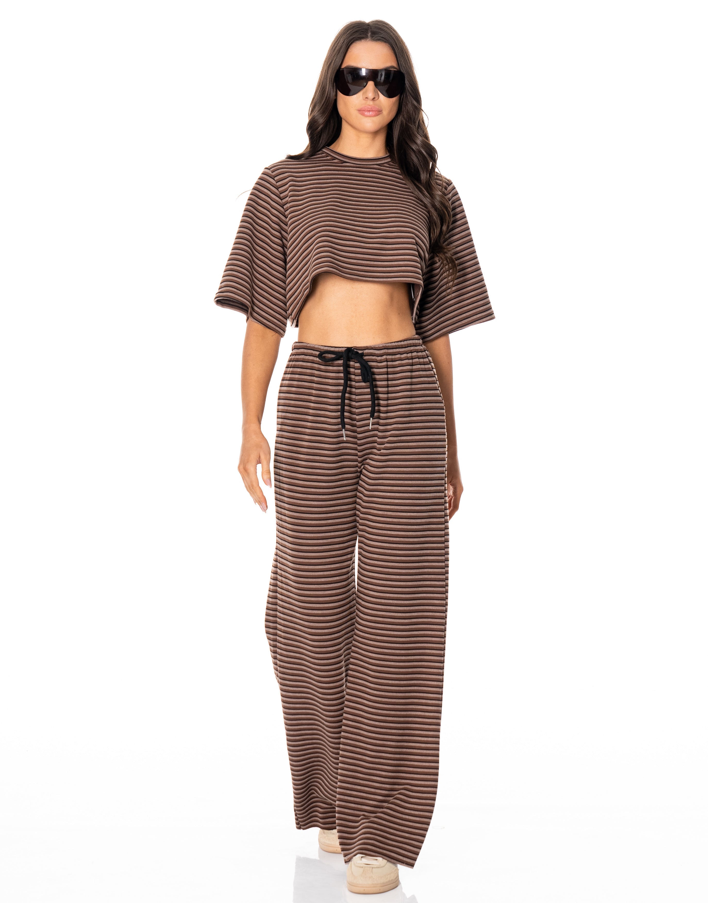 Striped Shirt And Wide-Pant Set - Brown