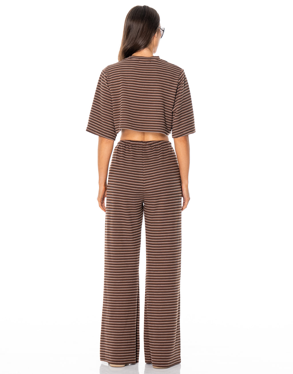 Striped Shirt And Wide-Pant Set - Brown
