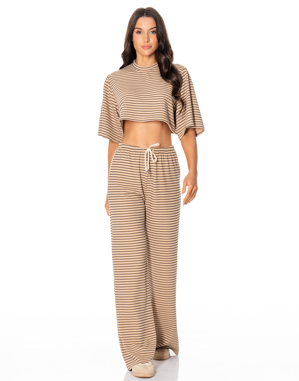 Striped Shirt And Wide-Pant Set - Camel