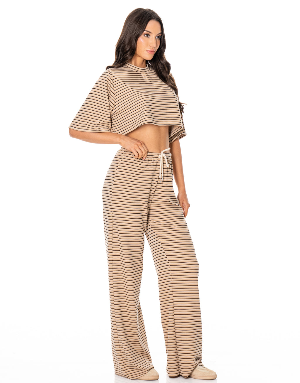 Striped Shirt And Wide-Pant Set - Camel
