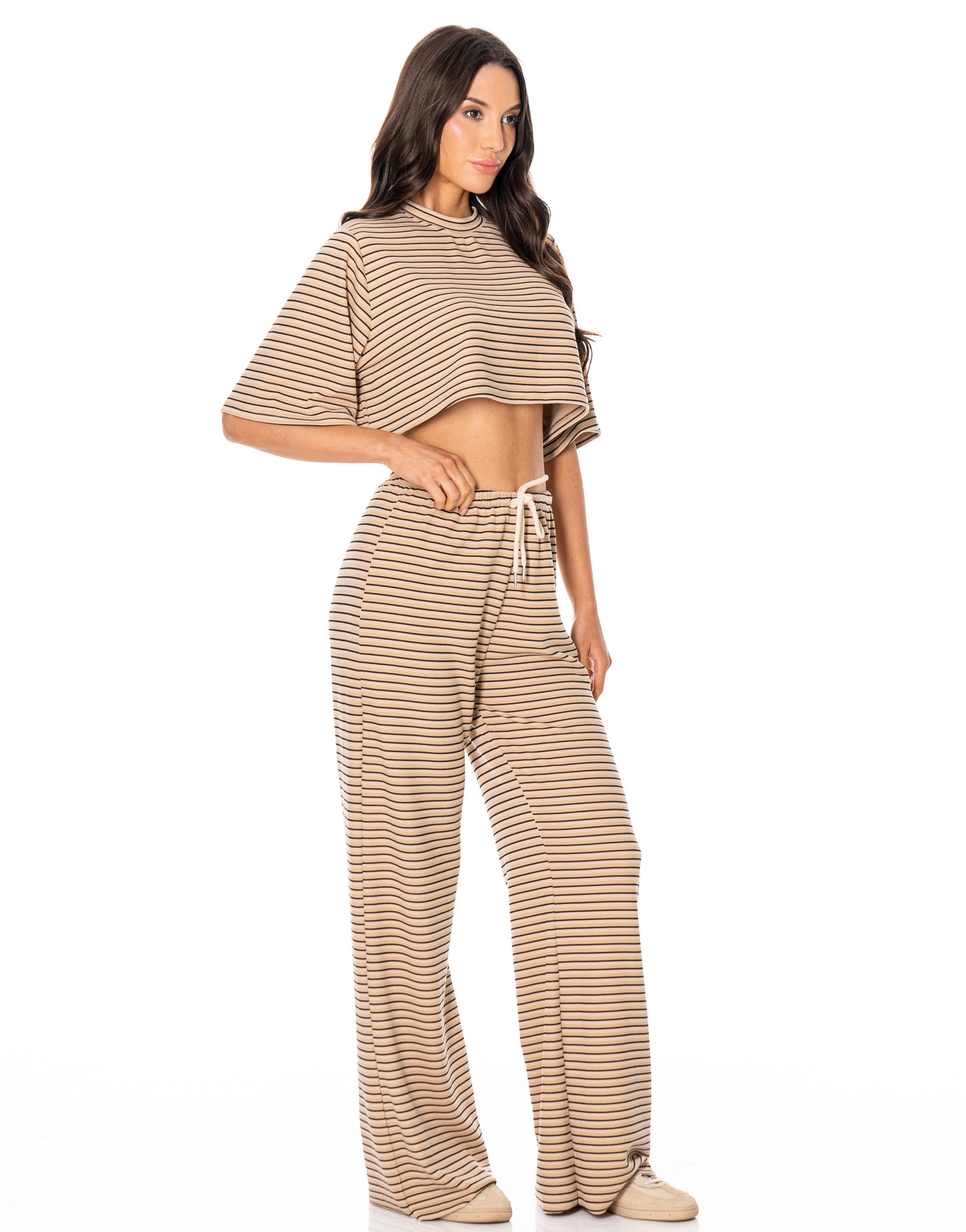 Striped Shirt And Wide-Pant Set - Camel